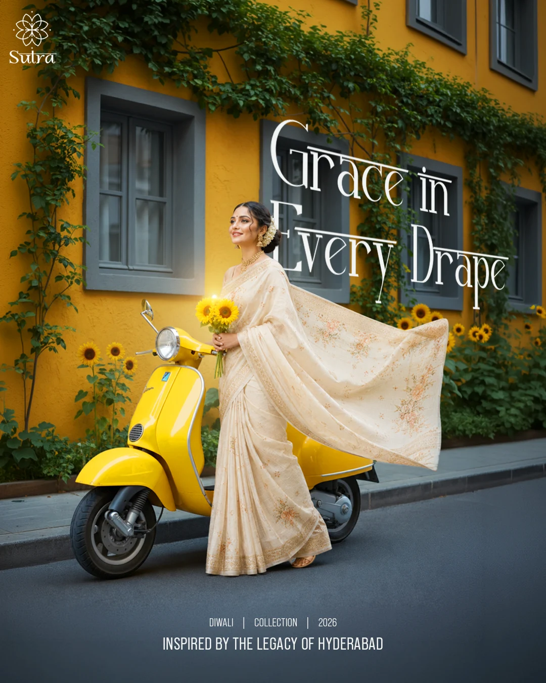 Elegant woman in flowing sari, sunflowers